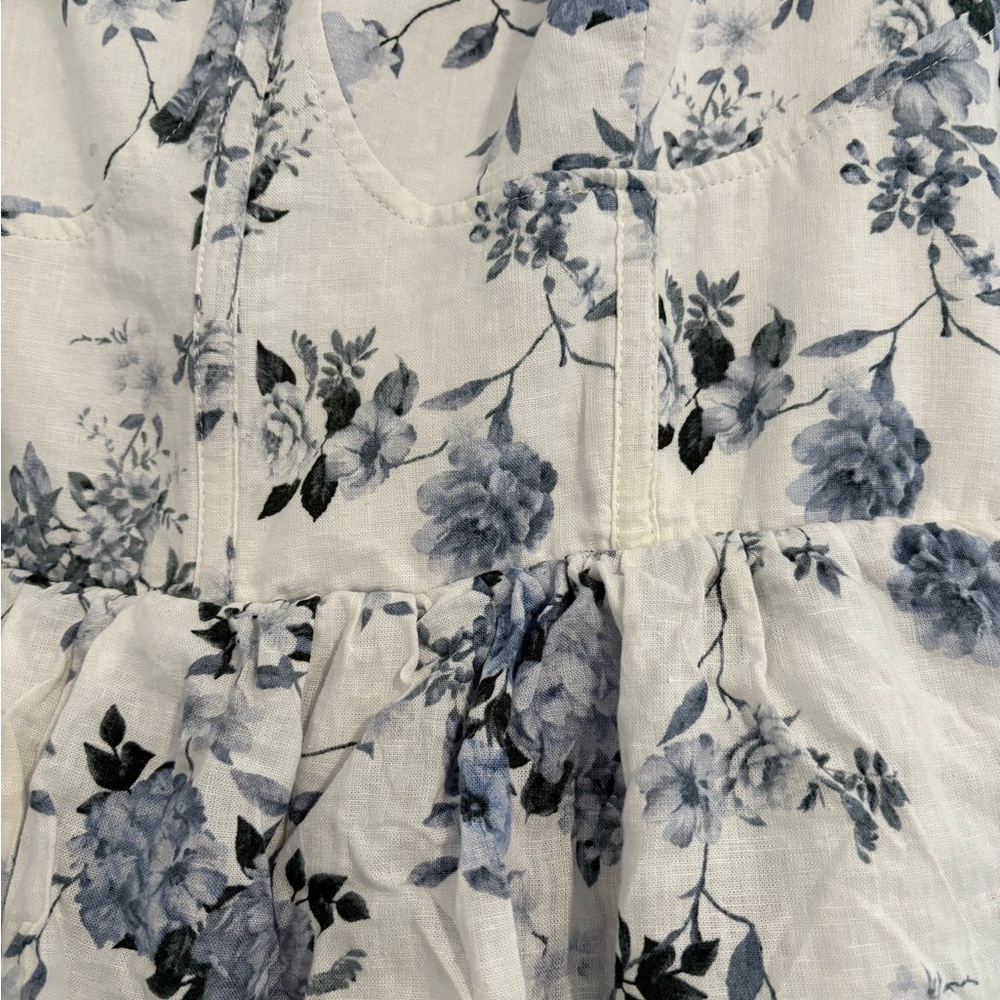 House of Harlow Blue floral print White Ruffle Layered Strap Dress M linen blend - Picture 8 of 10